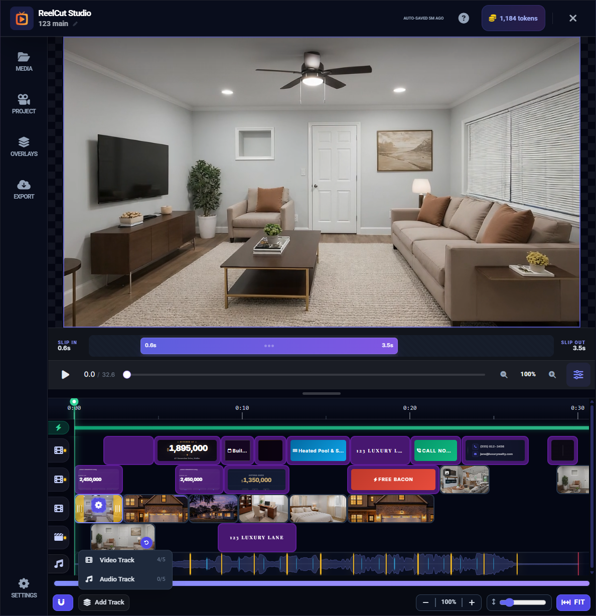 Add Track dropdown showing Video Track and Audio Track options