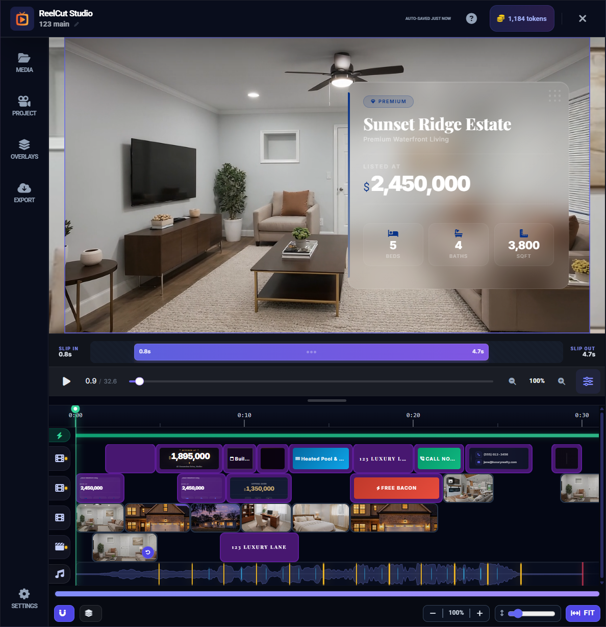 The ReelCut Studio editor with preview, timeline, and sidebar