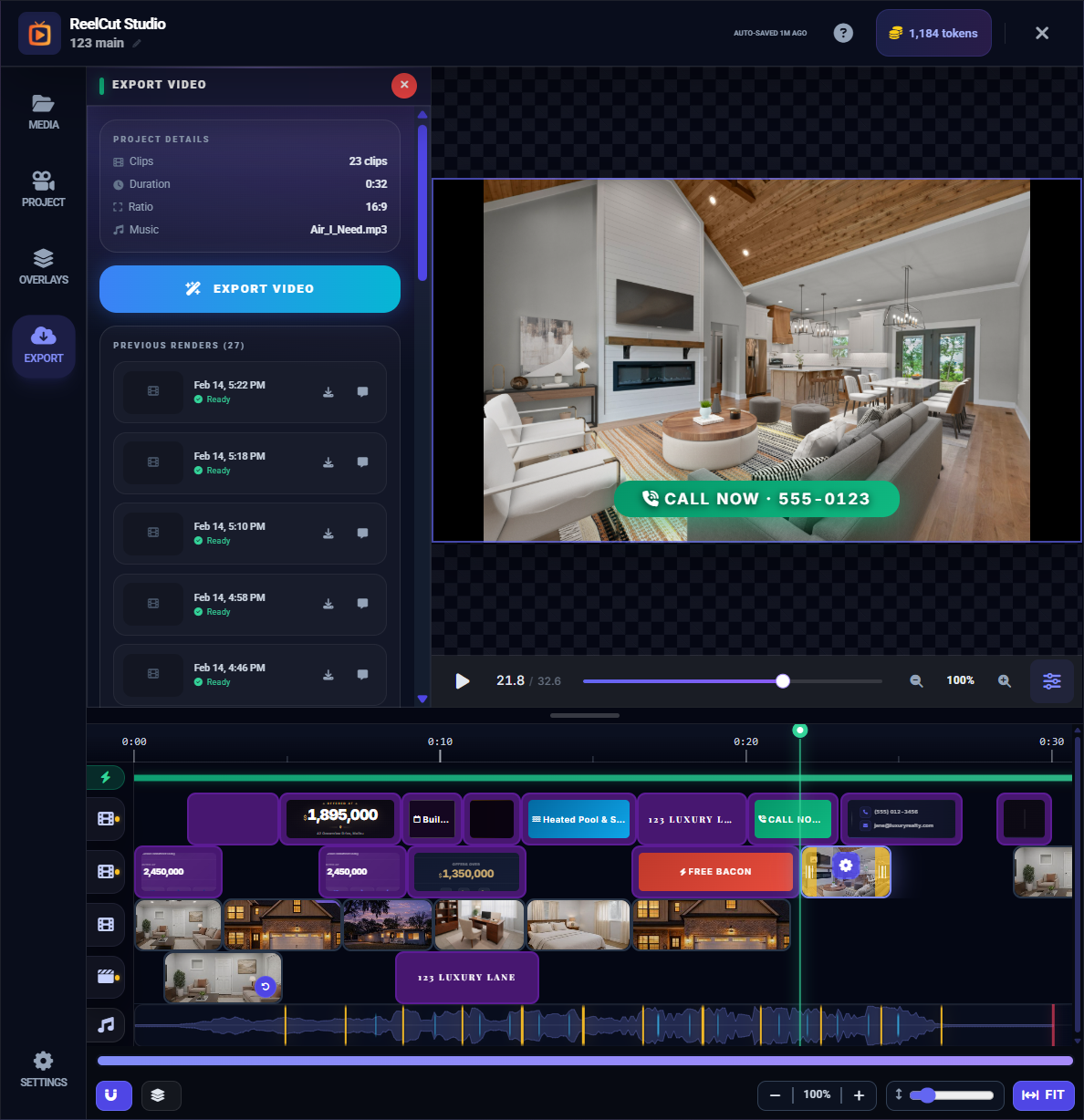 Export panel with project details and Export Video button