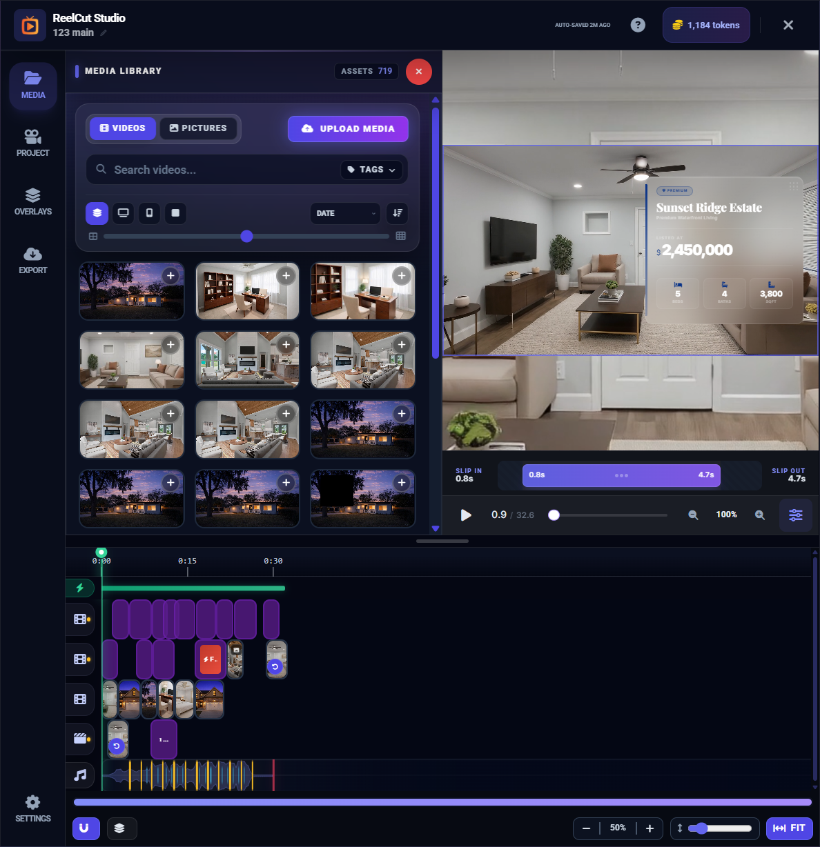 Media Library panel showing your uploaded videos and photos