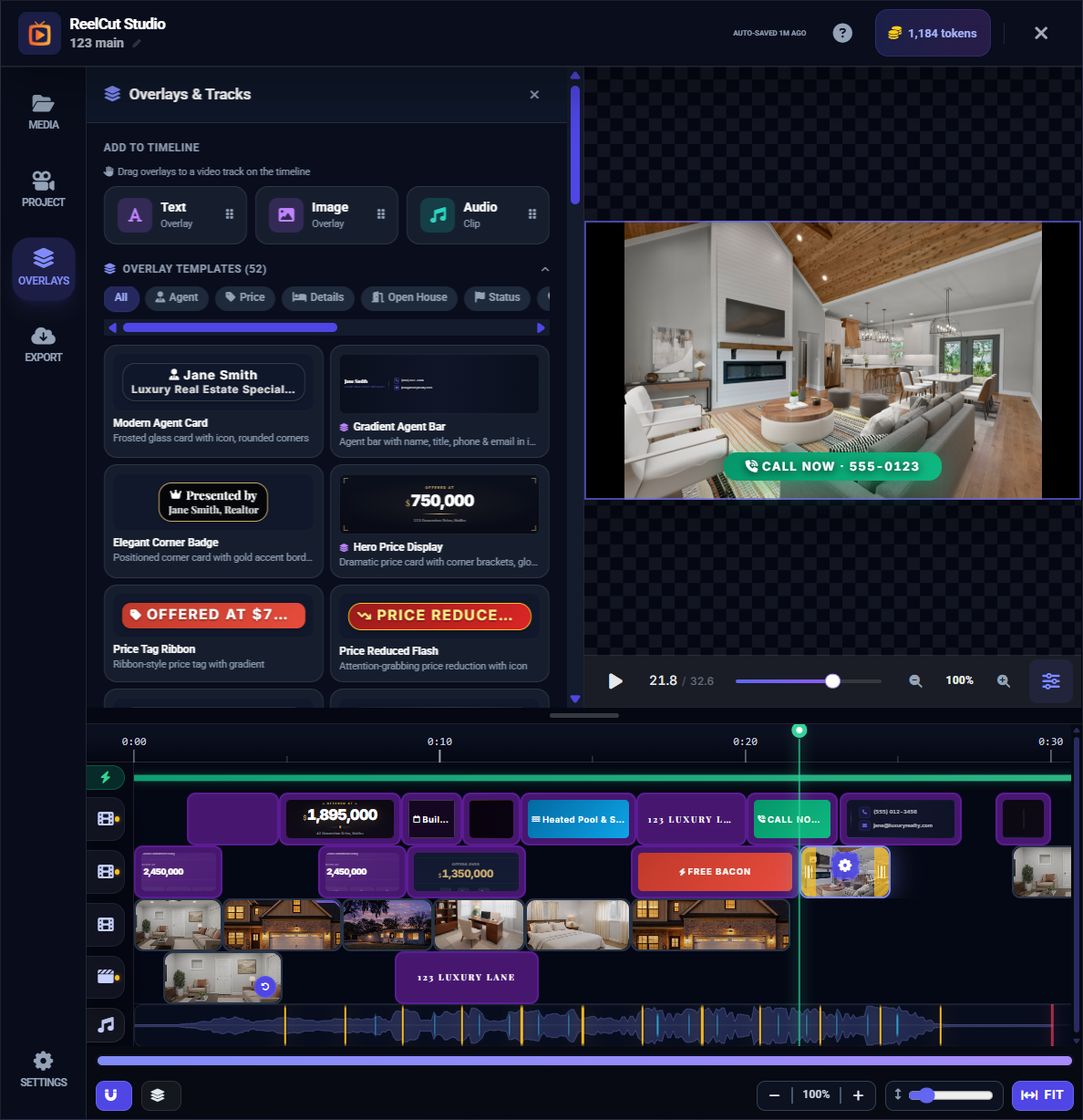 Overlays panel showing text, image, and audio overlay tabs
