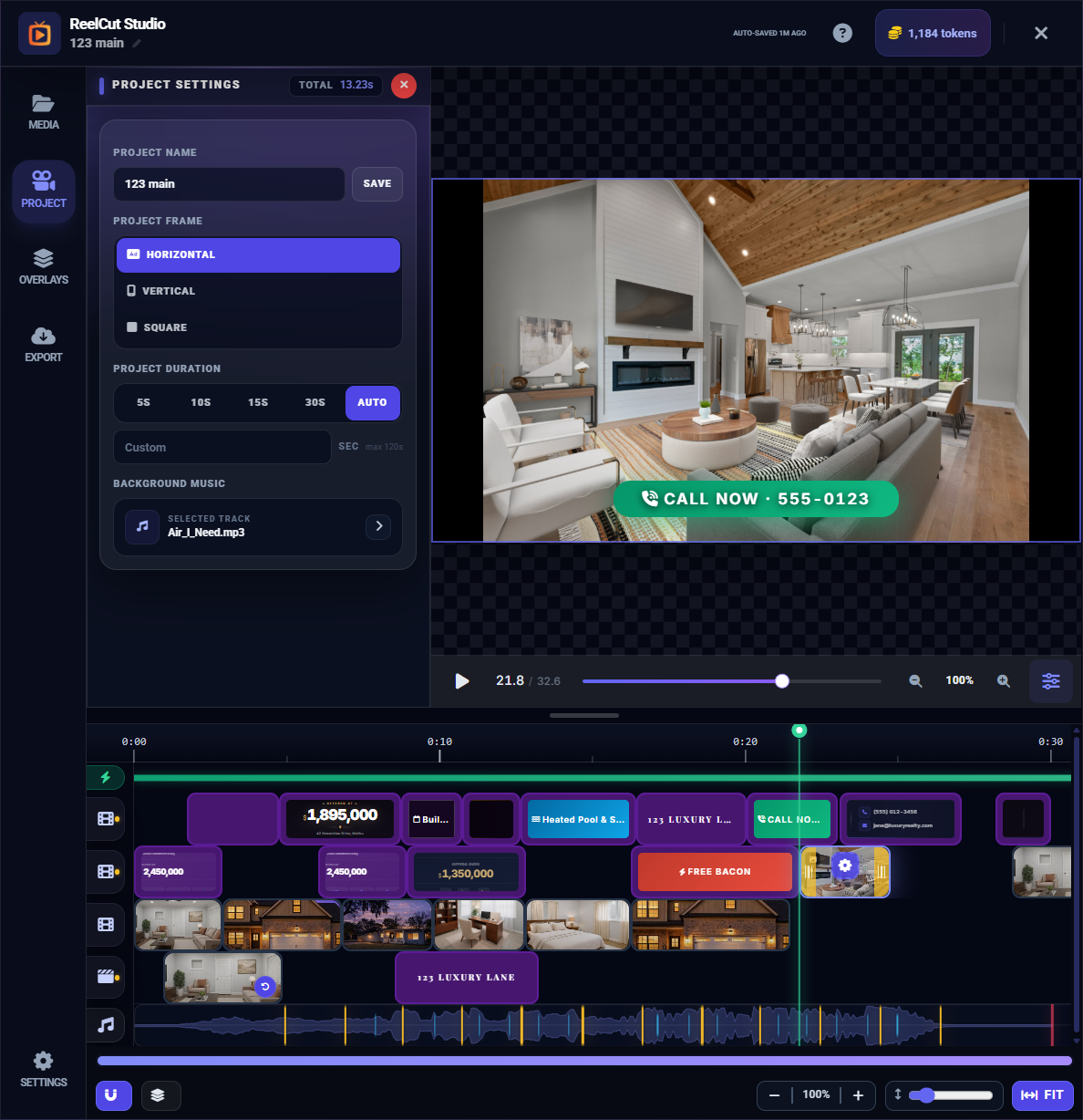 Project Settings panel with name, format, and background mode
